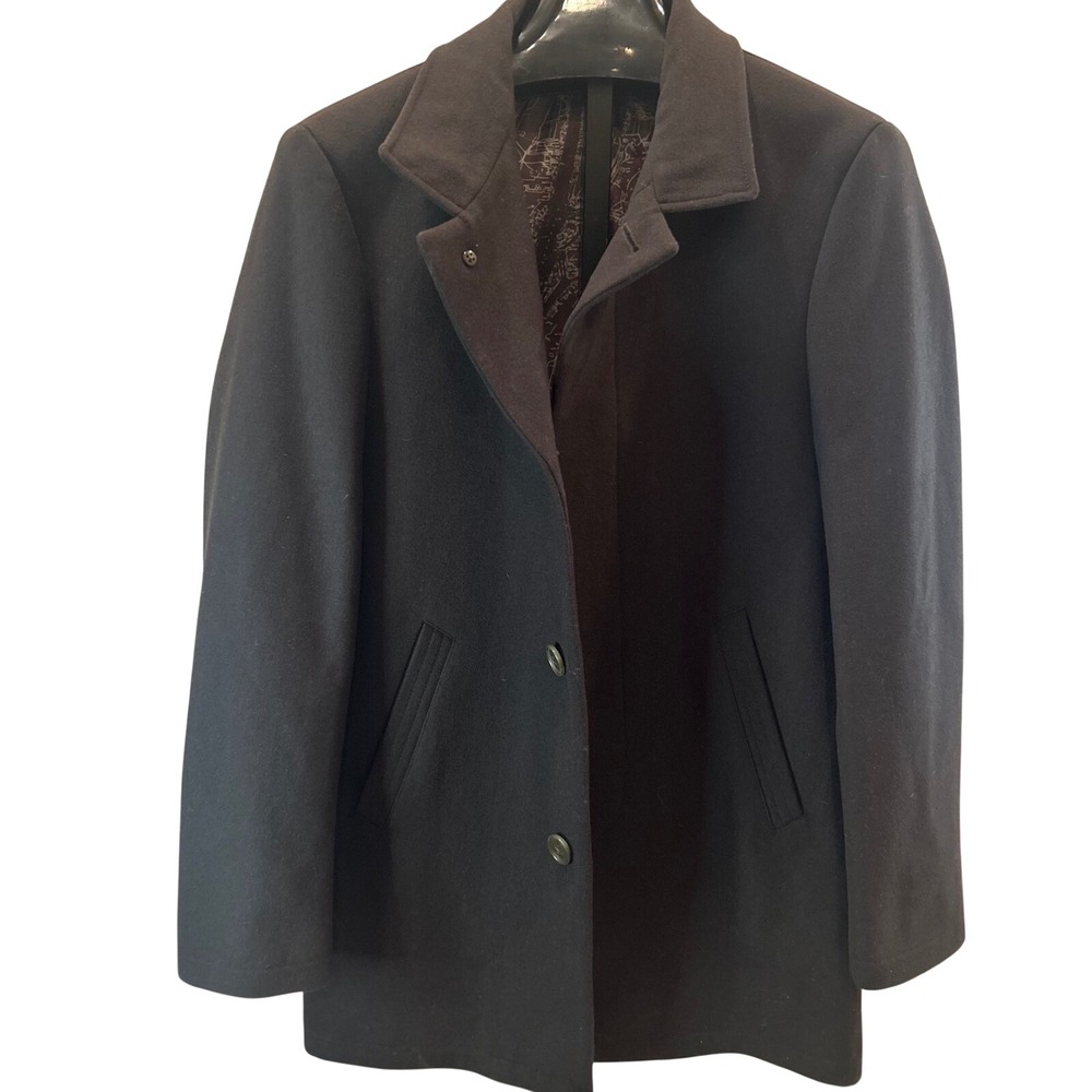 Nautica Mens Wool Blend Pea Coat Dark Brown Map Print Lining Overcoat Jacket